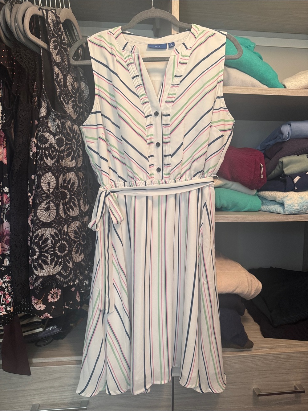 Apt. 9 White Sleeveless Belted Maxi Dress with Navy, Green & Pink Stripes